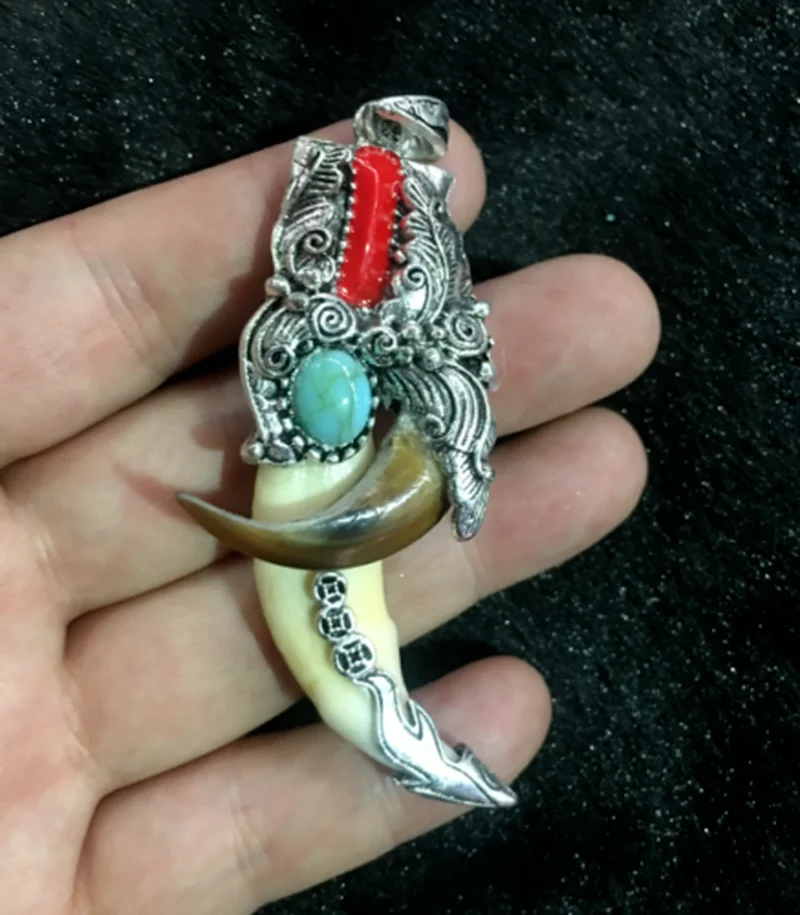 Women Men Chinese Antique Boars Tooth Wild Hog Silver Dragon Protective Talisman Pendant Fashion Jewelry