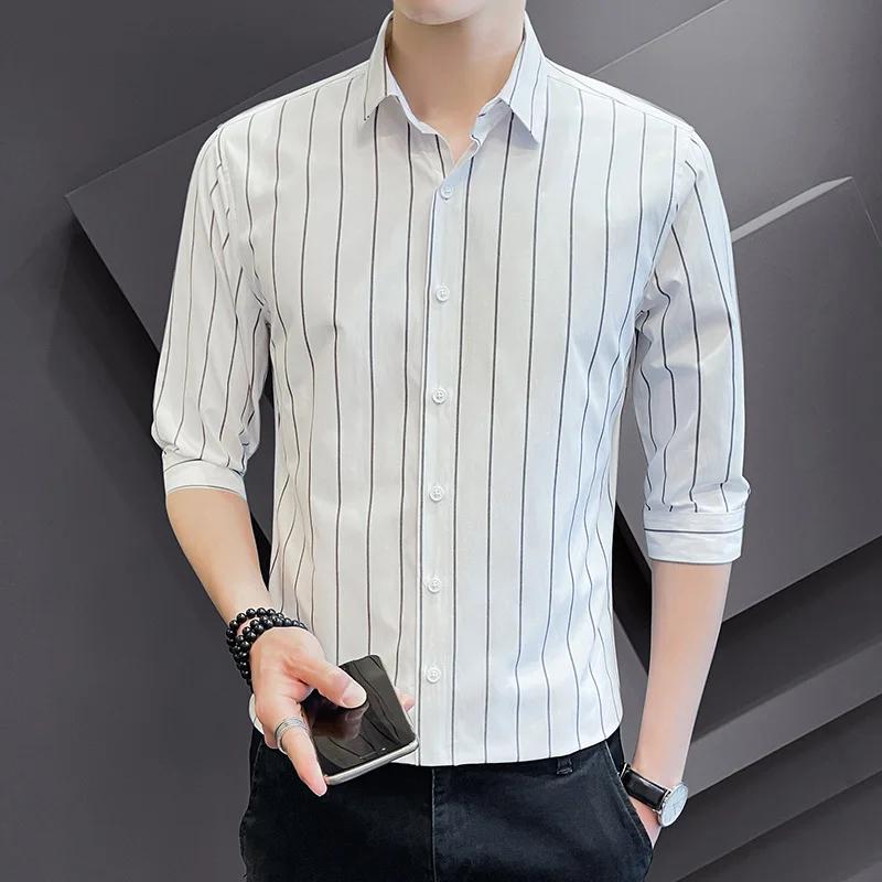 

2021 summer men's striped shirt 3 / 4 sleeve top Lapel cool shirt base shirt long sleeve casual inch shirt