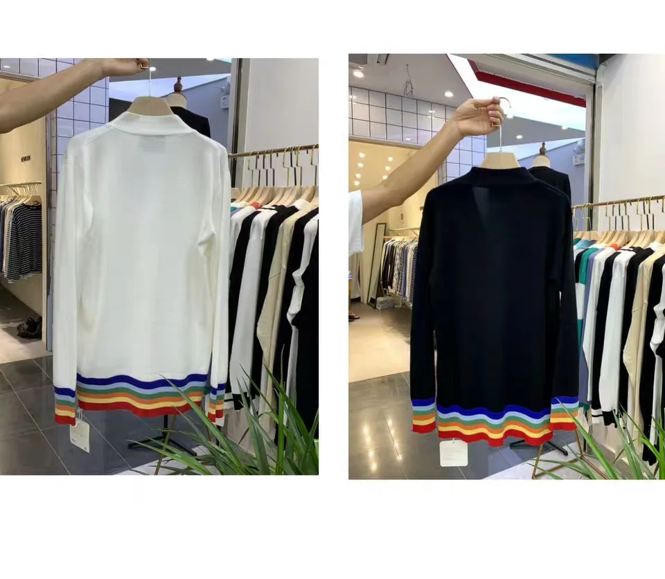 

Men's Sports Leisure Brand Color Bright Cardigan Top Long Sleeve Knit Sweater Striped V-neck Korean Slim Pullover Luxury