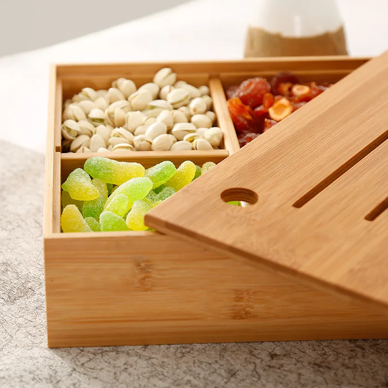 Мульти сетка бамбук твердой древесины сухофрукты лоток отсек с крышкой фруктами