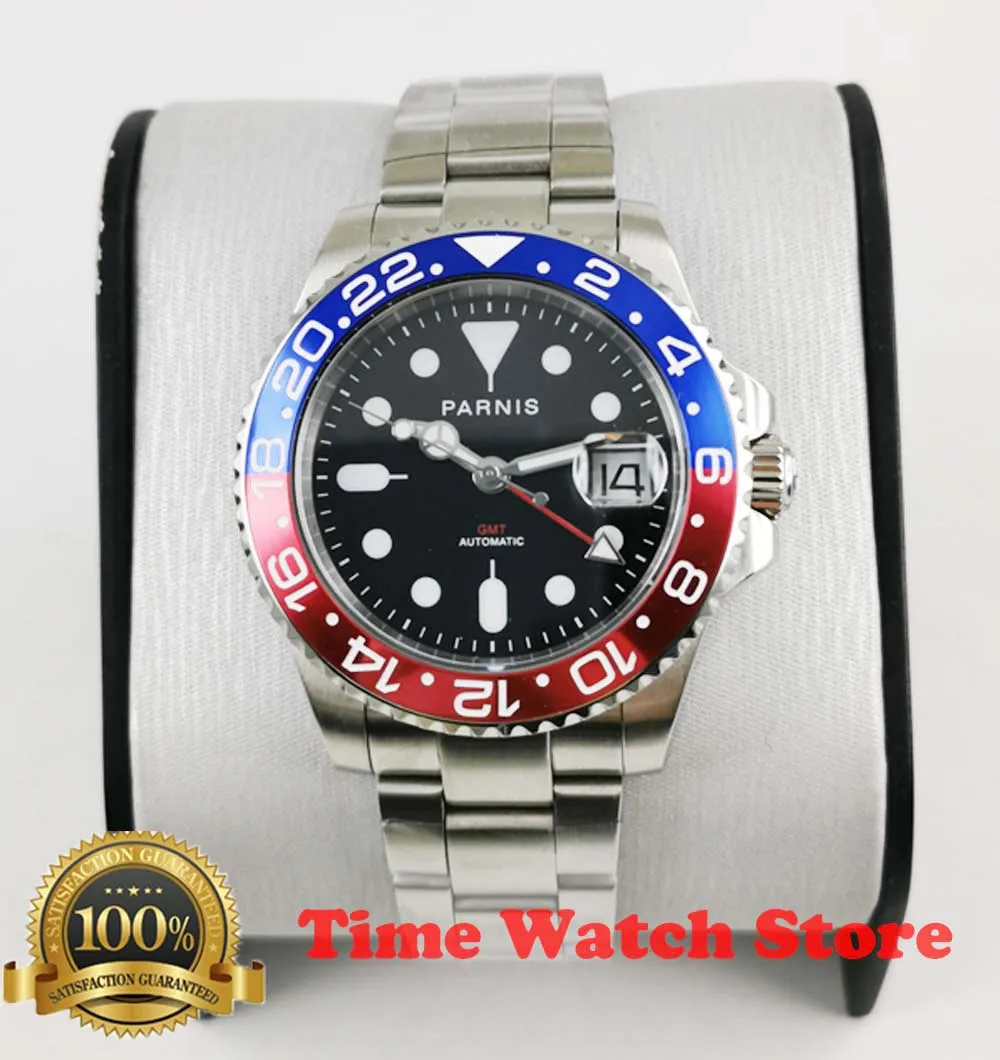 

40mm parnis GMT 3804 Automatic wrist watch men Sapphire glass luminous waterproof black dial ceramic bezel SS bracelet