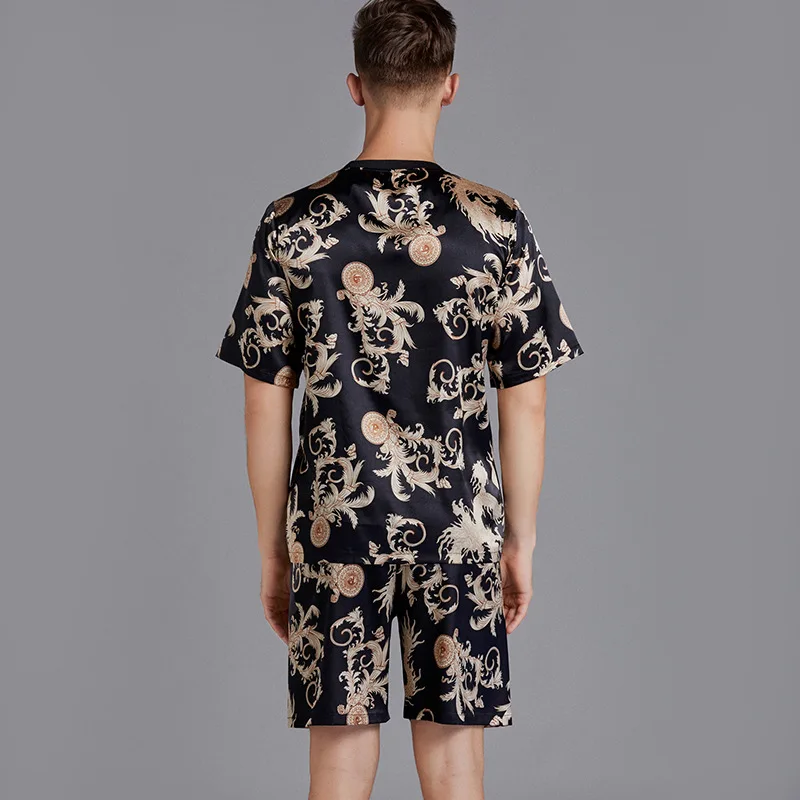 Пижамный комплект Мужской Атласный шелковая пижама с принтом шорты коротким