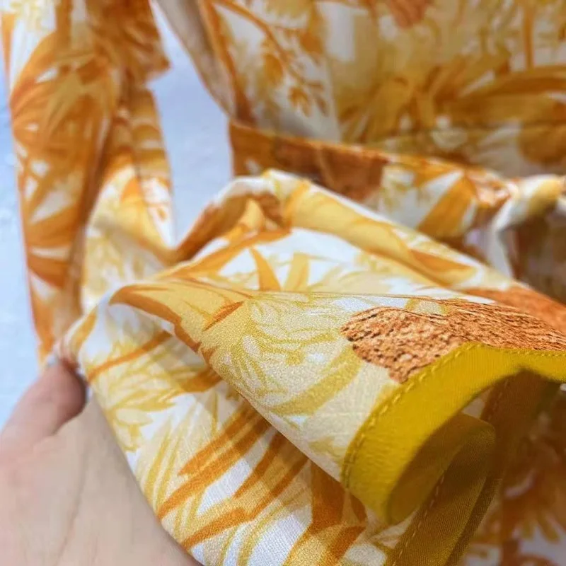 

Summer Long Dress 2021 High Quality Women O-Neck Yellow Floral Print Bow Belt Patchwork Flare Sleeve Casual Vintage Boho Dress