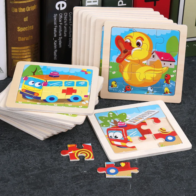 

NEW 16pcs/set Mini Size Kids Toys Wooden 3D Jigsaw Puzzle for Children Baby Cartoon Animal Traffic Tangram Puzzles Educational