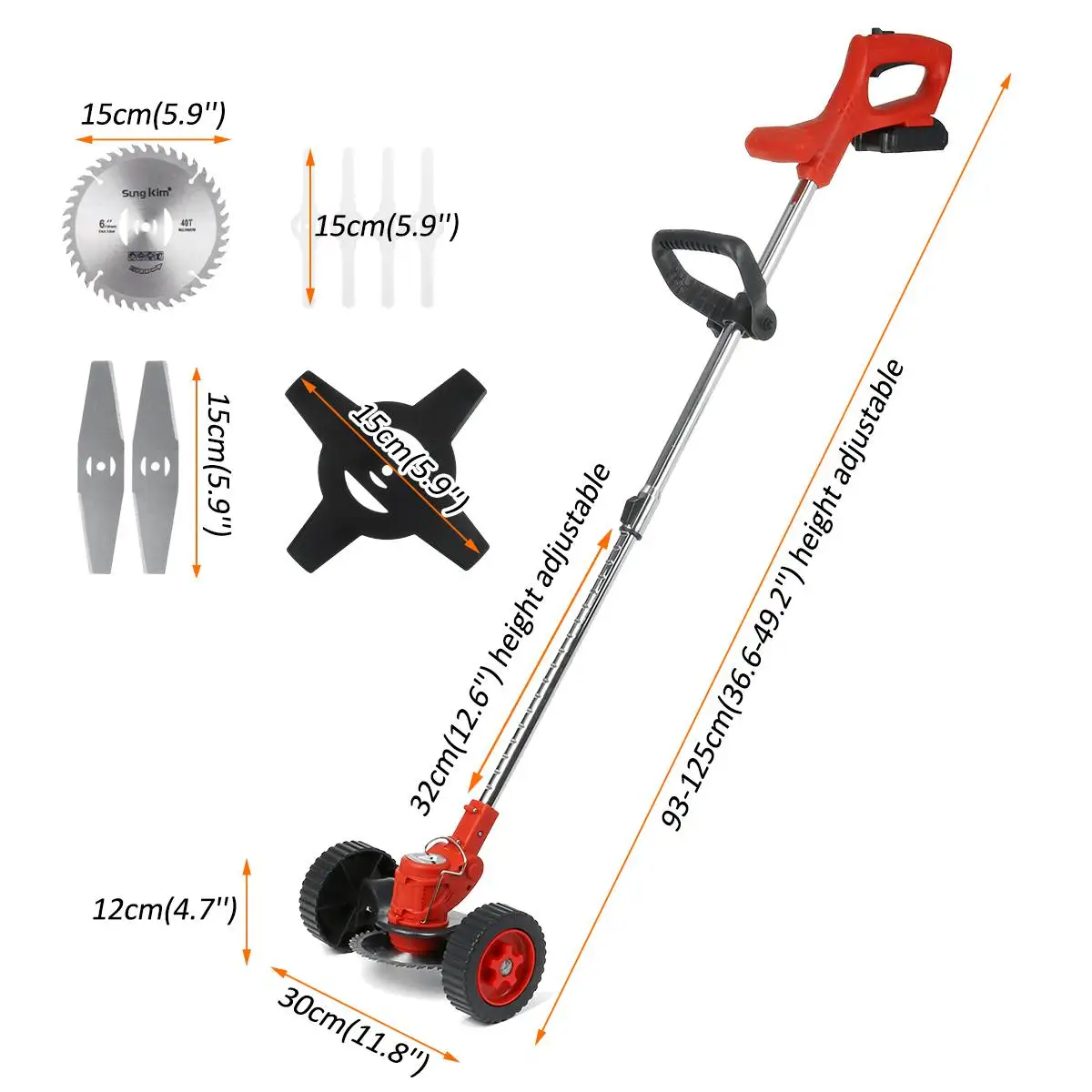 

24V Electric Grass Trimmer Double Wheel Cordless Electric Lawn Mower Adjustable Length Garden Pruning Cutter Tool with 2 Battery