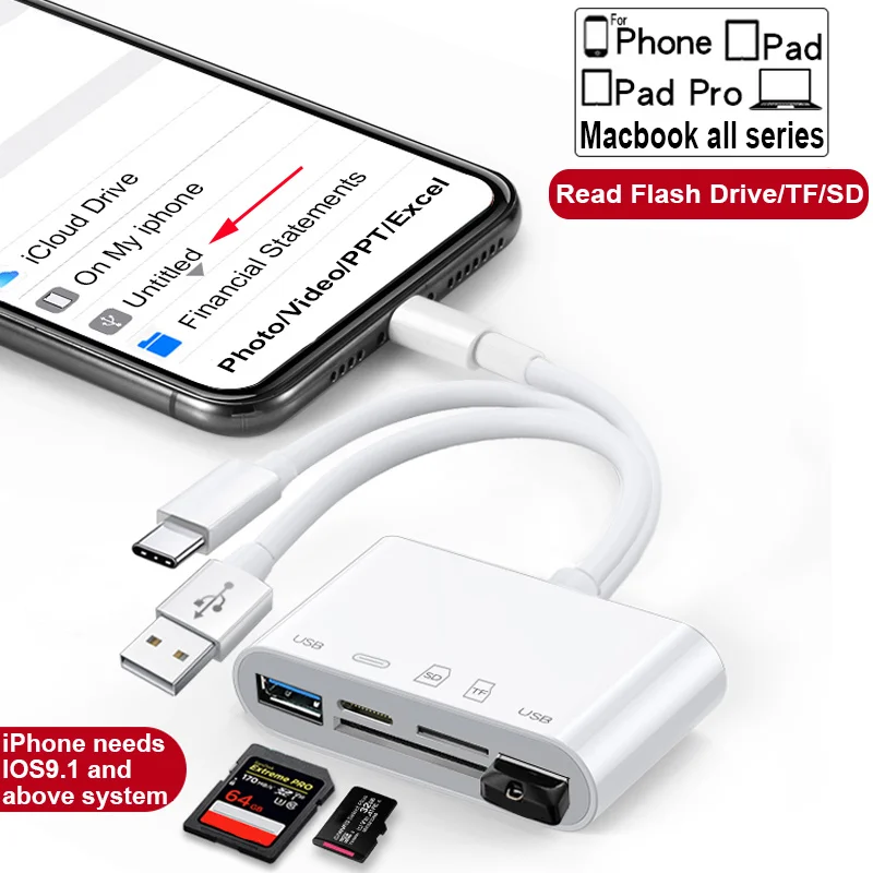 Адаптер OTG USB для камеры устройство чтения TF карт с lightning на micro SD iphone ipad apple ios 13