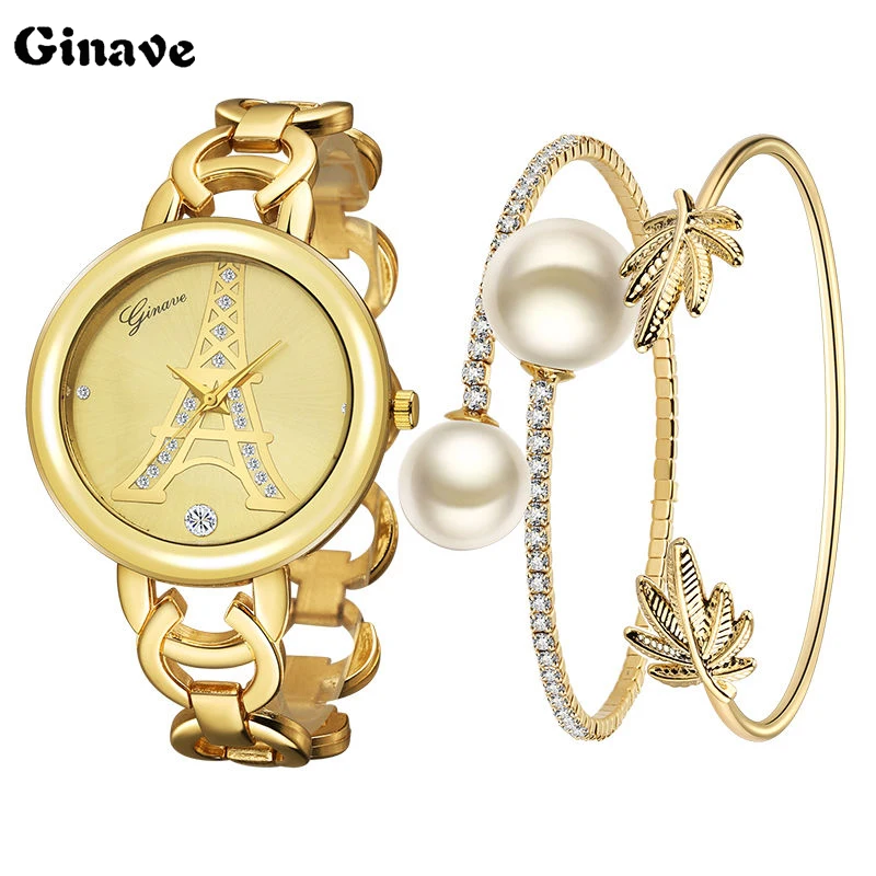 

Часы наручные женские кварцевые с бриллиантами, Модные Роскошные наручные, комплект золотистых часов под платье