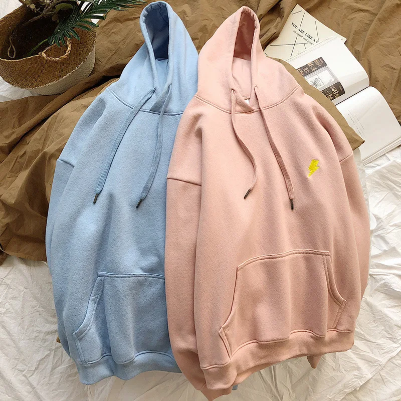 

Harajuku Long-sleeved Hooded Oversize Hoodies Sun Moon Embroidery Sweatshirt Korean Pockets Plus Size Pullovers Student Girl Top