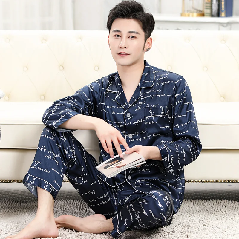 Men's Stain Silk Pajama Set Men's Sleepwears Homme Cozy Satin Nightgown Casual Pajama Men Luxurious Ice Silk Pajamas Long Sleeve