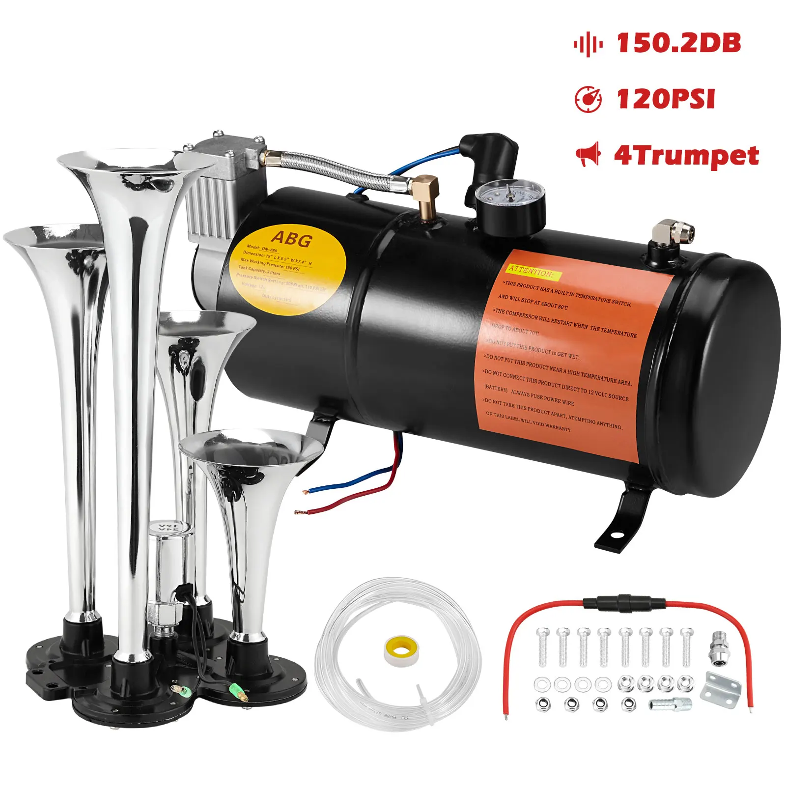 

150DB 4 Trumpet Loud Train Air Horns Kit For Trucks Cars Van Boats Most 12V Vehicles With Powerful 120 PSI Air Compressor Parts