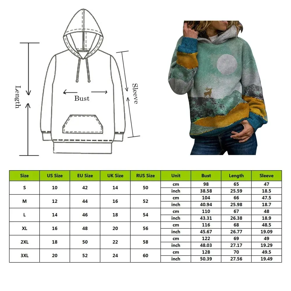 

Women's Autumn Winter Printed Landscape Printed Pullover Mosaic Color Long-Sleeved Warm Women Loose Top Hooded