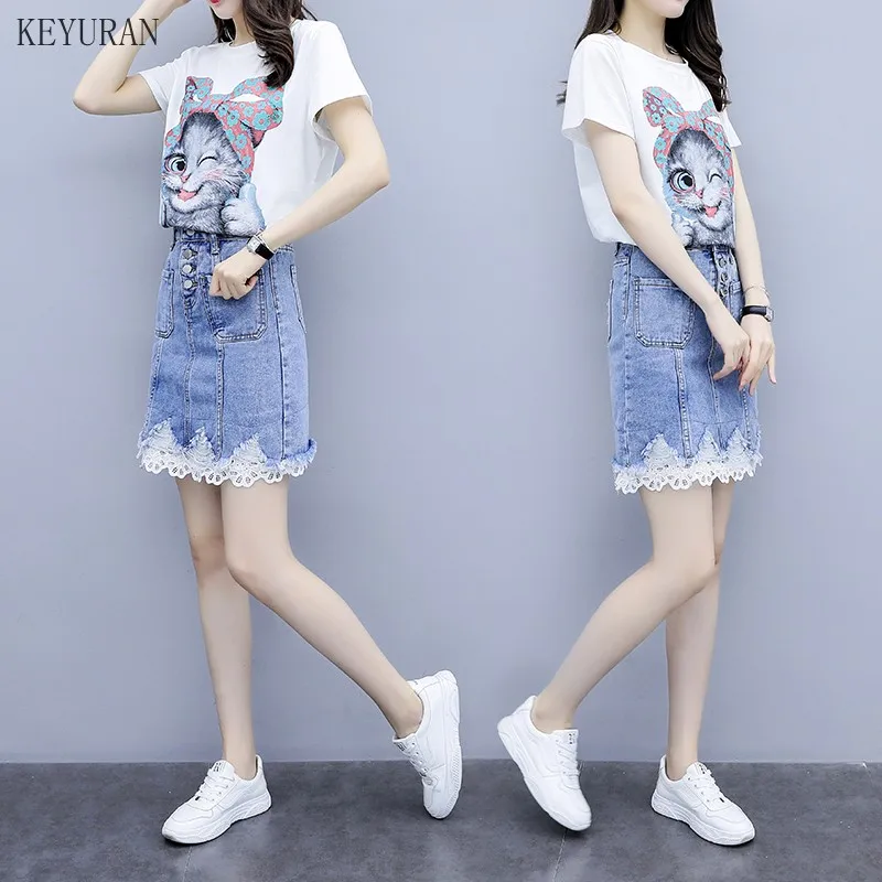 Комплекты джинсовой юбки женские летние футболки с коротким рукавом и принтом