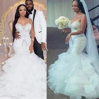 2020 sexy mermaid wedding dresses sweetheart crystal pearls beaded embroidery ruffled layered nigerian bridal wedding gowns