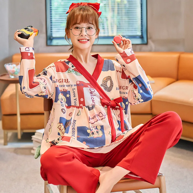 

Пижама женская хлопковая свободного покроя, комплект из 2 предметов, одежда для сна с милым мультяшным рисунком, с V-образным вырезом, халат и...