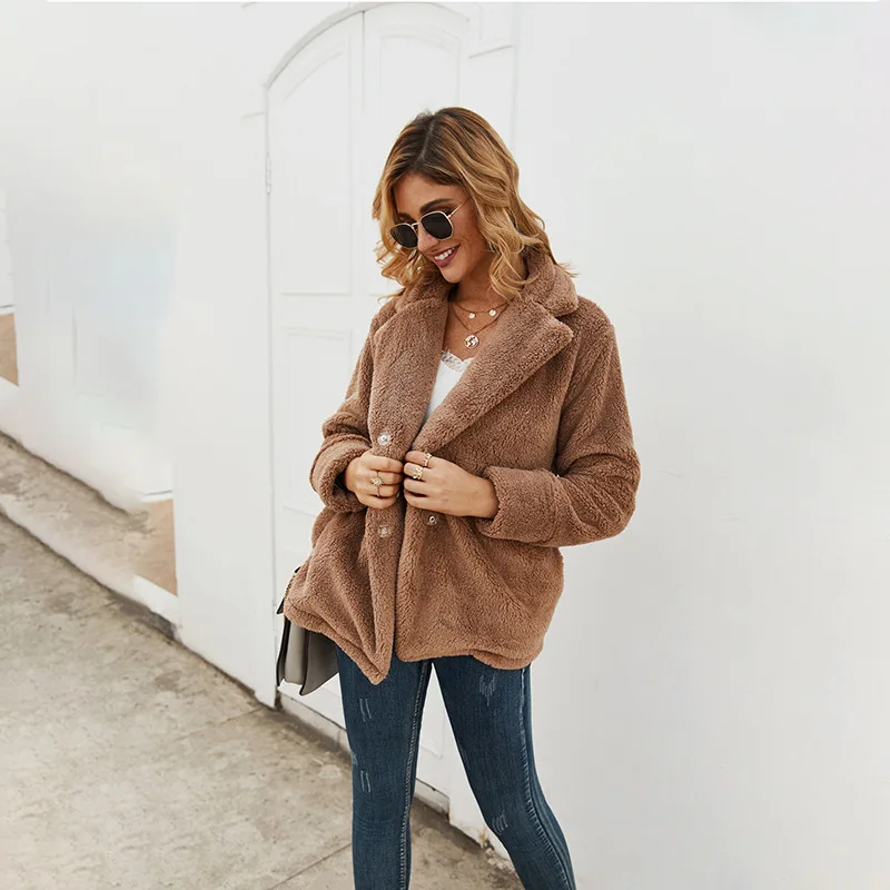 Женское зимнее пальто с отложным воротником толстое плюшевое теплое длинными