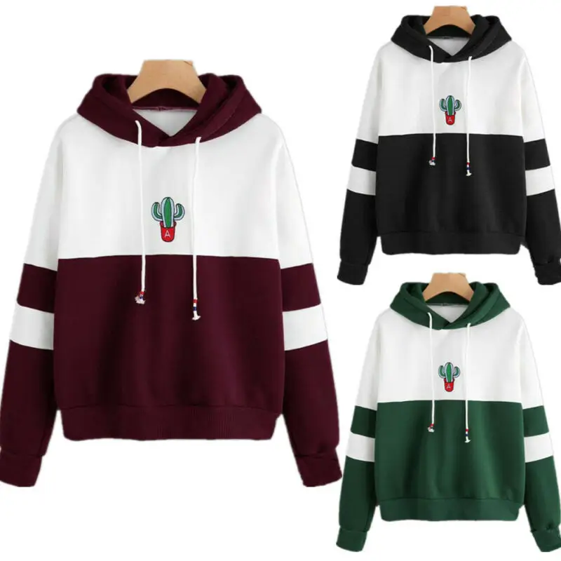 

Goocheer 2019 New Women Hoodies Sweatshirt Cactus Print Ladies Contrast Color Pullover Long Sleeve Casual Jumper Tops Hooded