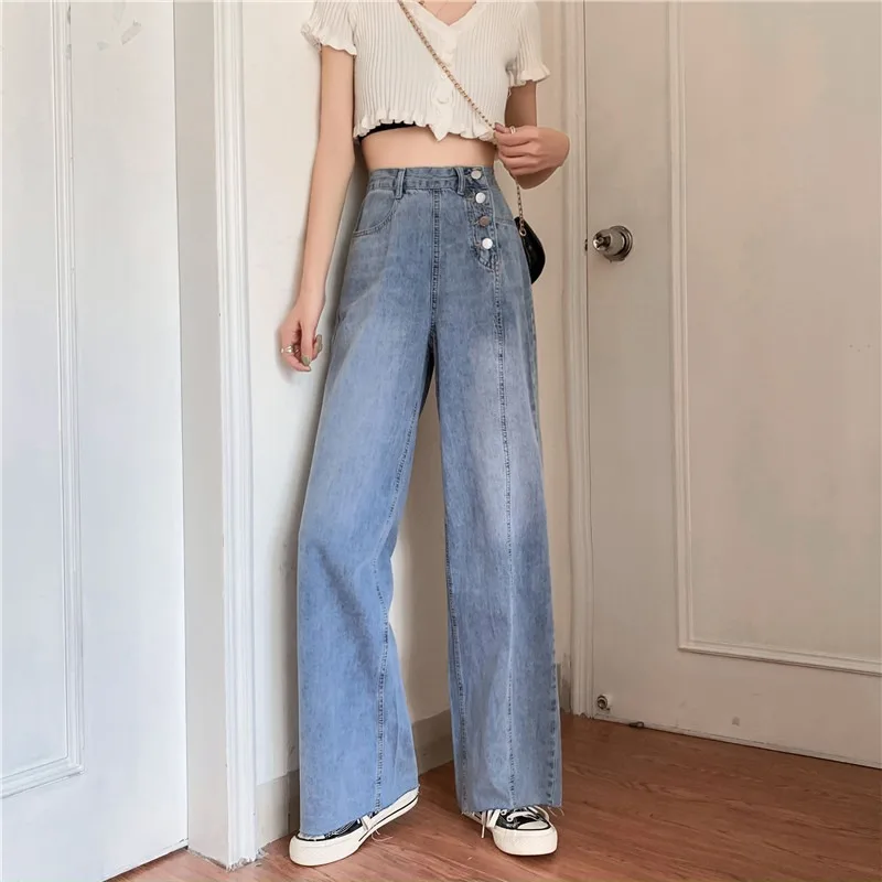 

Summer 2021new Korean Style High Waist Retro Wide Leg Mopping Jeans Loose All-Matching Straight Pants for Women