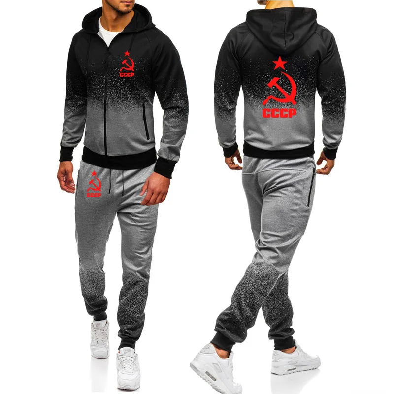 

NEW Spring Autumn Tracksuit Men Hoodie sweatshirt jacket sweatpants suit CCCP Russian USSR Soviet Union Print sportwear suit