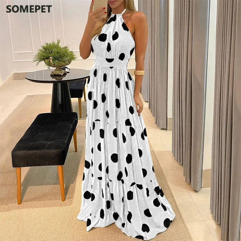 

Summer Halter Sleeveless Long Dress Elegant Sexy Backless Lady Party Dress Women Casual Ruffle Polka Dot Beach Maxi Dresses