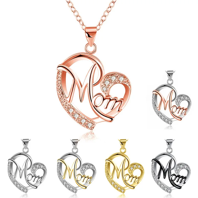 Unique Design Letter MOM Heart Shape Inlaid Crystal Pendant Necklace Mother's Day Gift High Quality Jewelry Wholesale Lots Bulk |