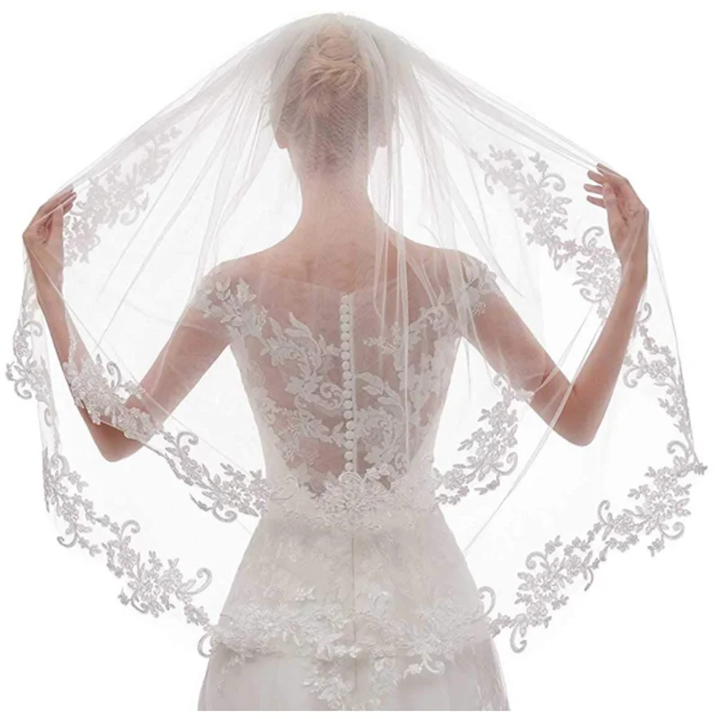 Красивая кружевная боковая инкрустированная Цветочная свадебная вуаль для
