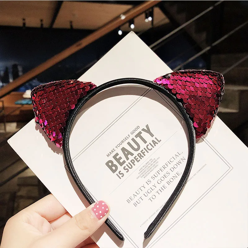 rose red cat ears Новые милые разноцветные Блестки для девочек с бантом и кошачьими ушками, ободки для волос, прекрасный орнамент для волос, праздничный обруч, модные детские аксессуары для волос - Цвет: rose red cat ears