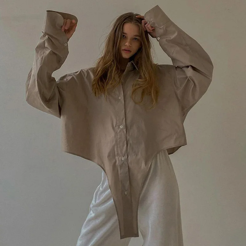 

Женская Однотонная рубашка с длинным рукавом, асимметричная однобортная Повседневная Свободная рубашка с отложным воротником в уличном ст...