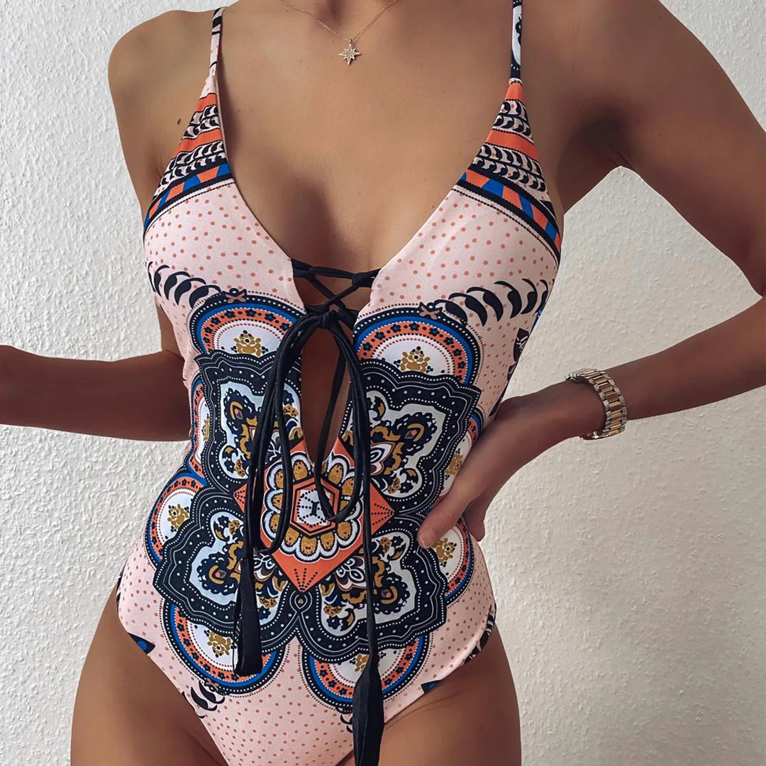 

Sexy One Piece Swimsuit Hollow Out Swimwear Women Print Bodysuit Bandage Brazilian Vintage Bathing Suit Beach Wear