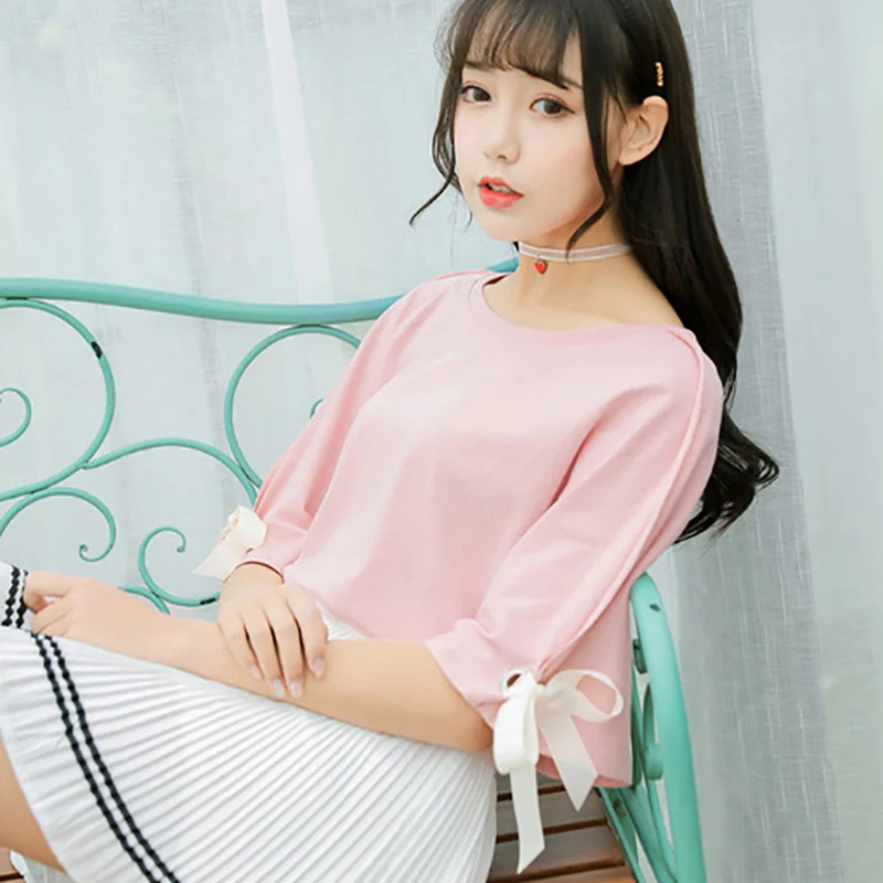 

Women Hollow Out Girl Woman Sweet Pink Tops O-Neck T Shirt Top Bow Half Sleeve Harajuku Style Sweet Polyester INS T-Shirts