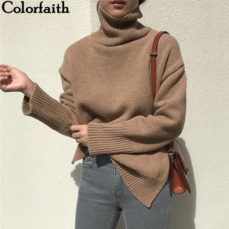 Colorfaith женские Свитера Осень Зима пуловер вязание водолазка минималистский Твердые свободные топы с длинным рукавом SW7400