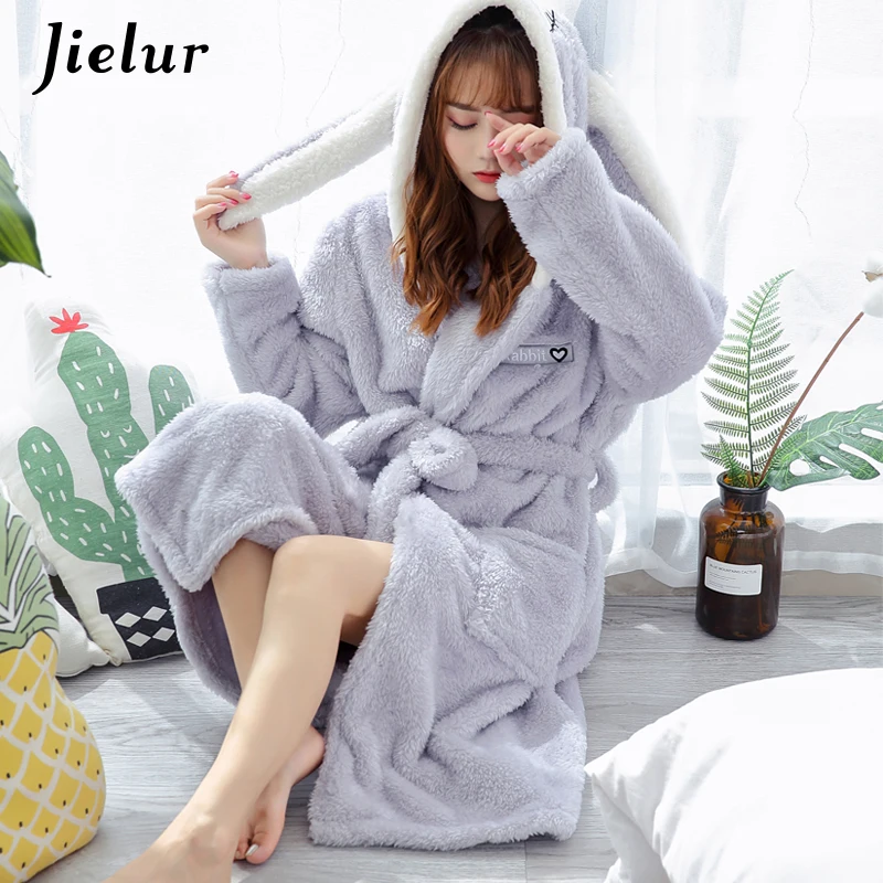 Jielur коралловый бархатный халат Женский мультяшный милый теплый Халат с капюшоном Фланелевое кимоно с кроликом банный халат халаты одежда д... (art.: 7ac70df5f) - 7ac70df5f