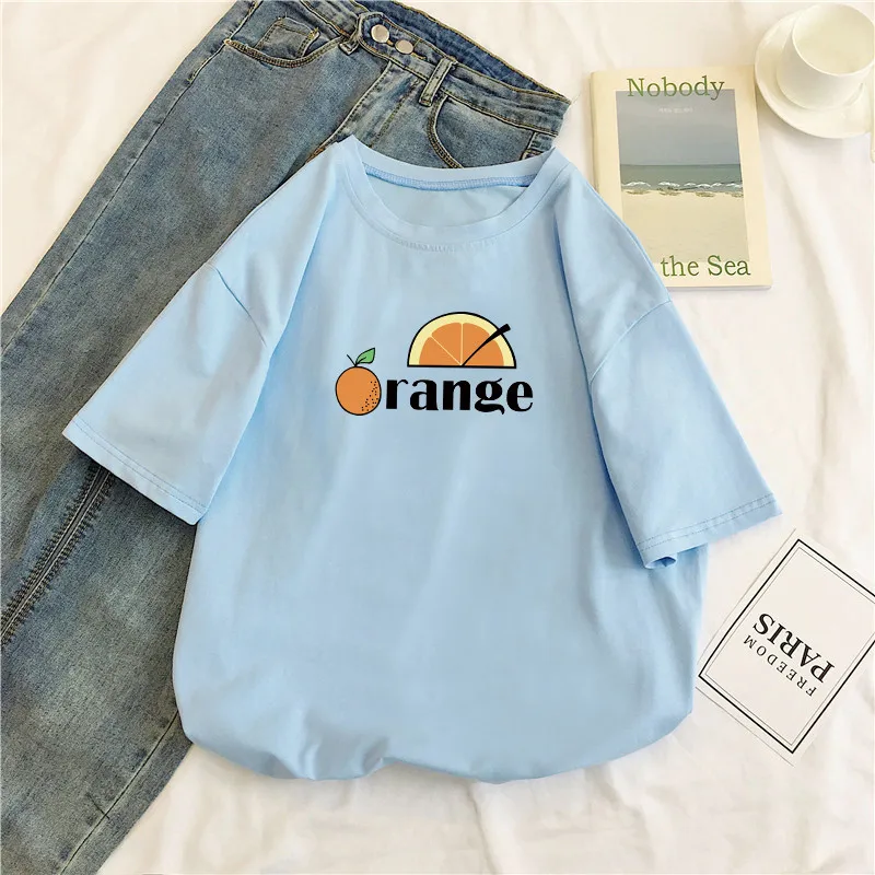 

Short Sleeve T-Shirts For Women Tops Orange Print T Shirts Plus Size Female Clothing 2021 Fashion Blouses Oversize Aesthetic Clo