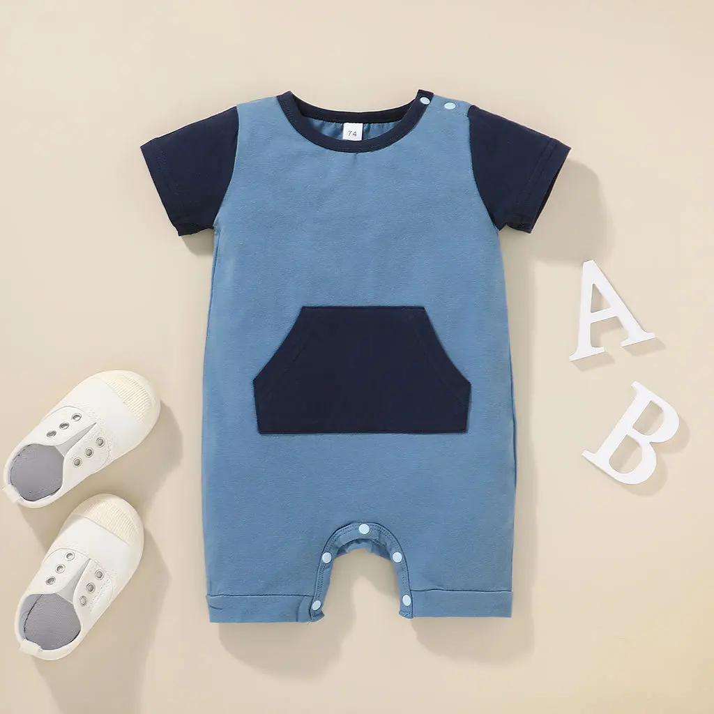 

New 2021 Infant Newborn Baby Boys Girls Romper Summer Short Sleeve O Neck Patchwork Pockets Baby Rompers Clothes Outfits