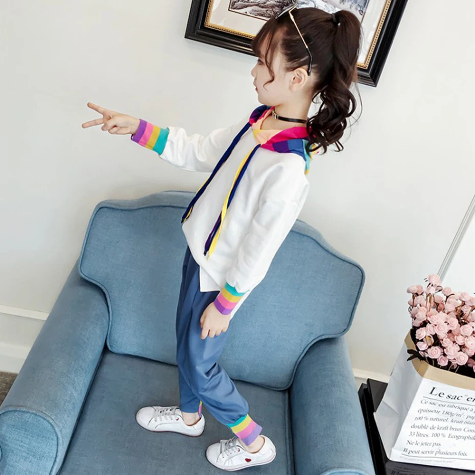 Одежда для девочек Лоскутные толстовки и брюки костюм в радужную полоску
