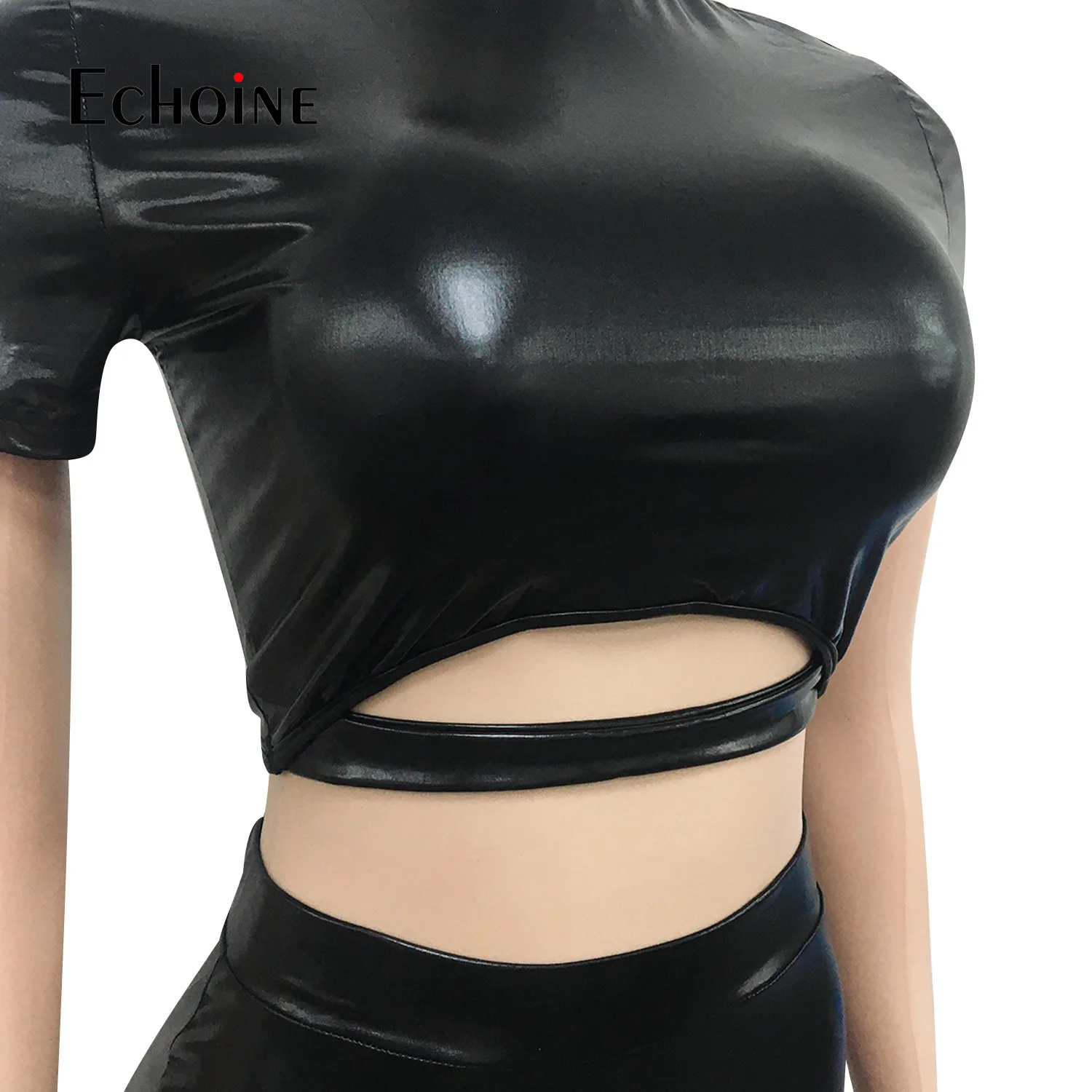 

Echoine spring Women Short Sleeve Set Pu Sexy Two Piece Sets Cut Out crop top stacked pants Set Party Club Tracksuit Outfits