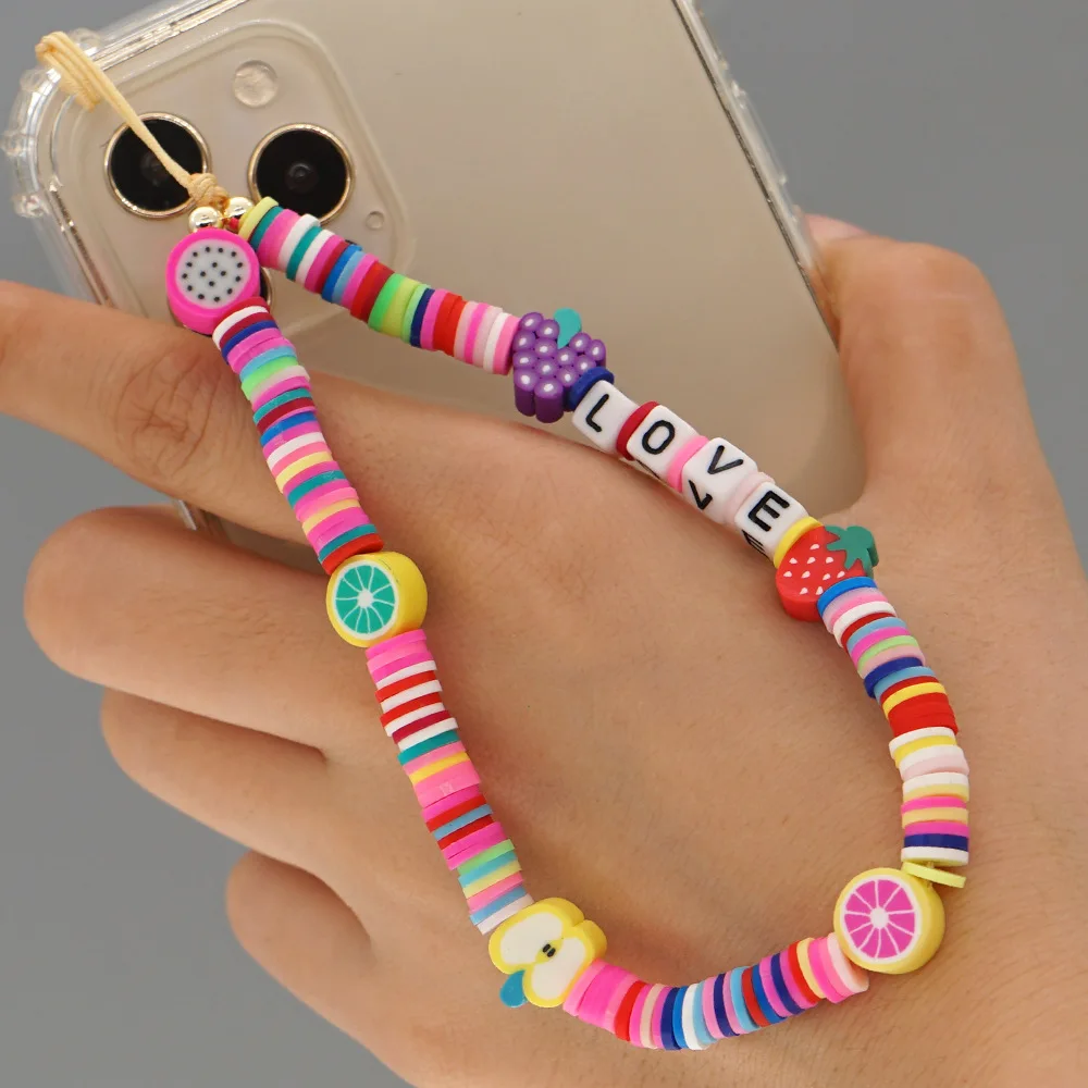 

Boho Anti-lost Phone Chain Acrylic Fruit Beads Phones Strap Lanyard Soft Pottery Mobile Phone Strap Cord For iPhones Keys USB