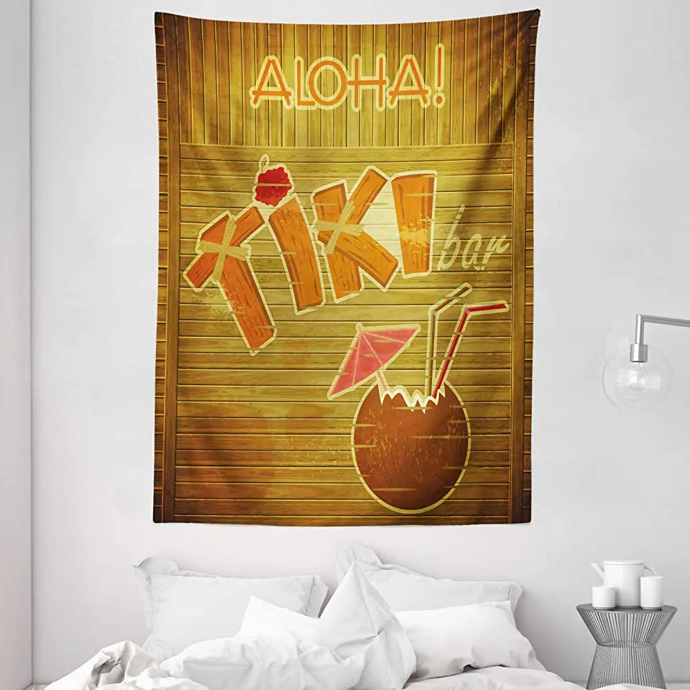 

Ambesonne Tiki Bar Tapestry, Wooden Planks on Wall Styled Text Cocktail Hibiscus Aloha,Wall Hanging for Bedroom Living Room Dorm