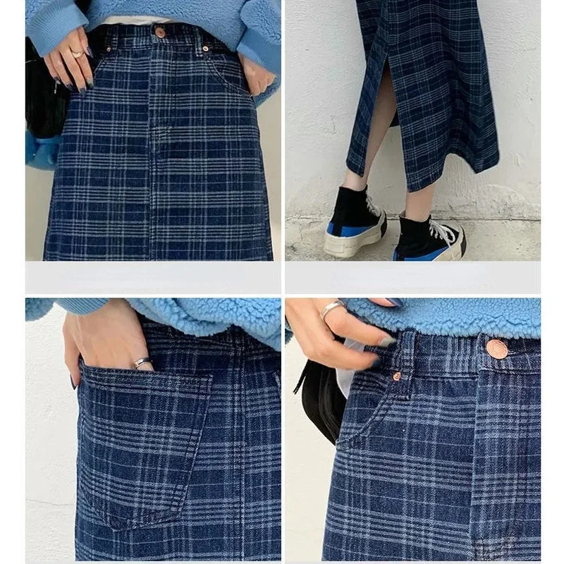 

HOUZHOU Plaid Denim Skirt Women Vintage High Waisted Split A-line Long Skirts Harajuku Streetwear Korean Fashion Autumn Winter