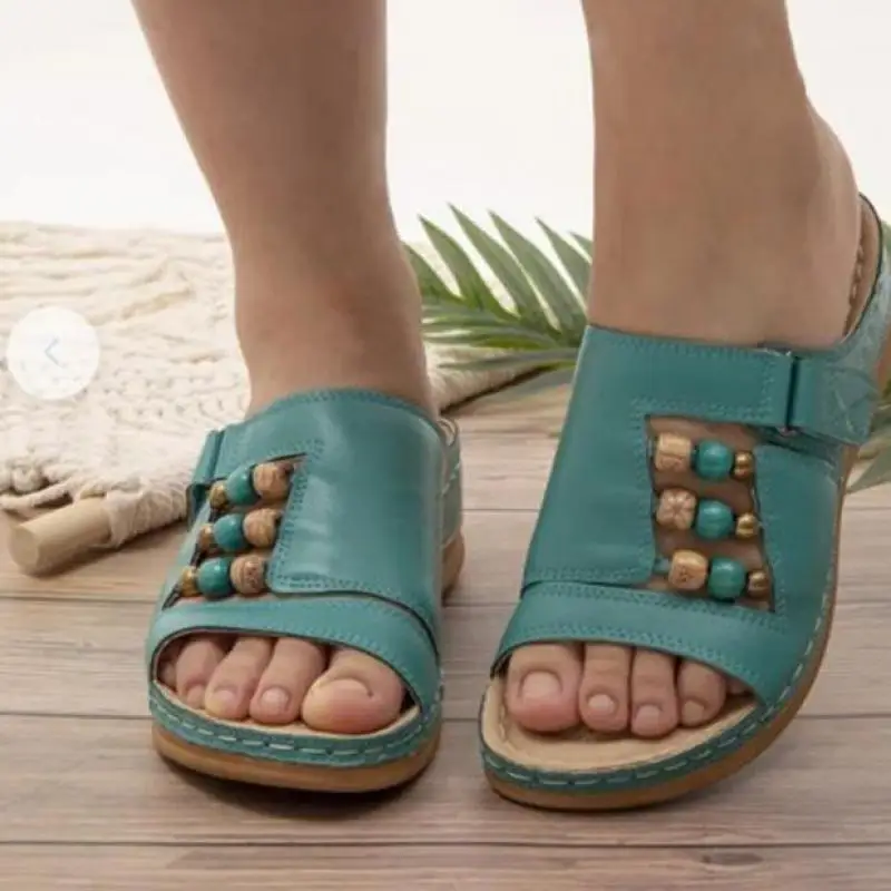 Summer Women Outdoor Open Toe Sandals Vintage Anti-slip Breathable Velcro Wedges Slipper Fashion 2021 String Bead Women Shoes