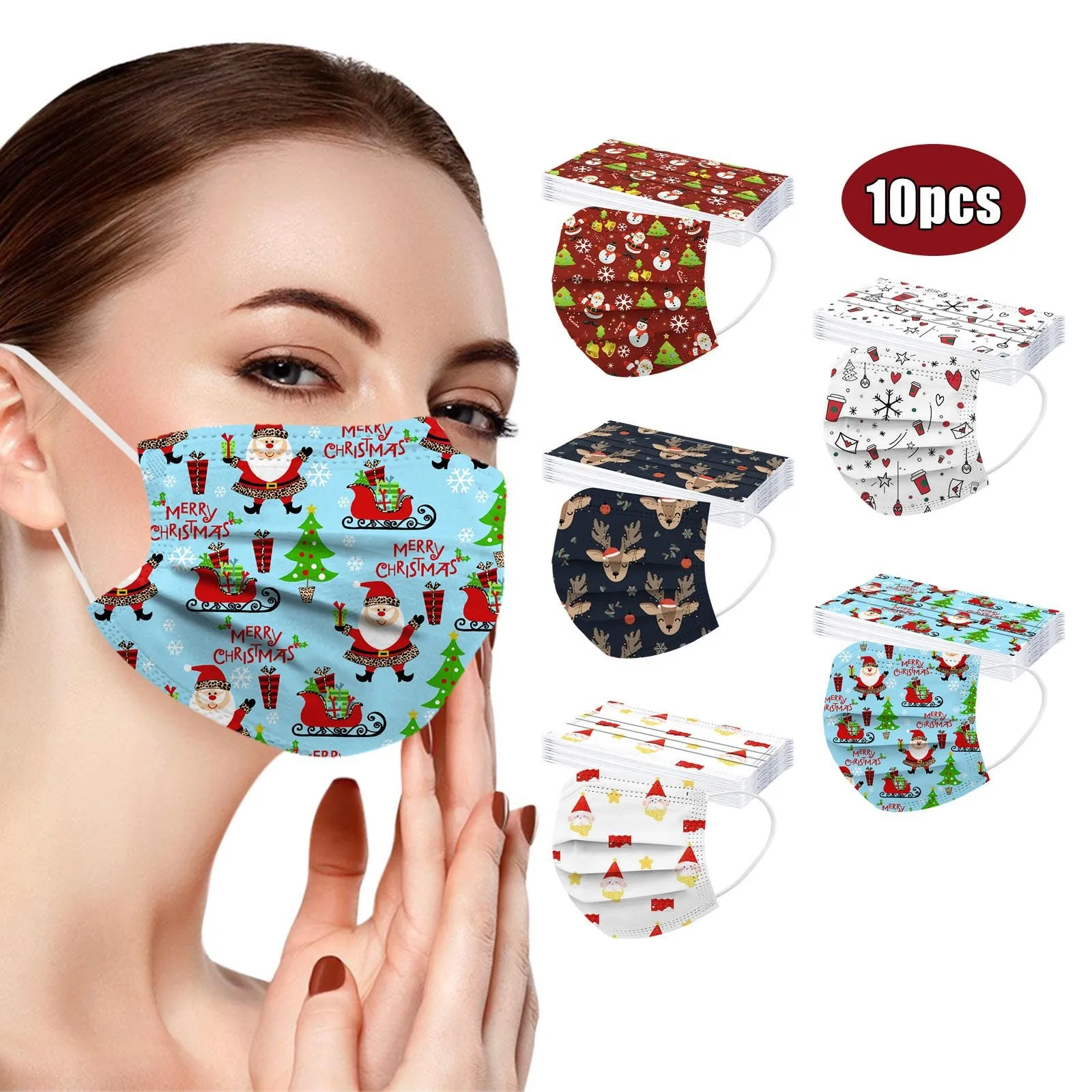 

10pcs Adult's Christmas Prints Disposable Face Mask Industrial 3ply Masks Dustproof Filter Pm2.5 Mask Earloop Bandage Masque