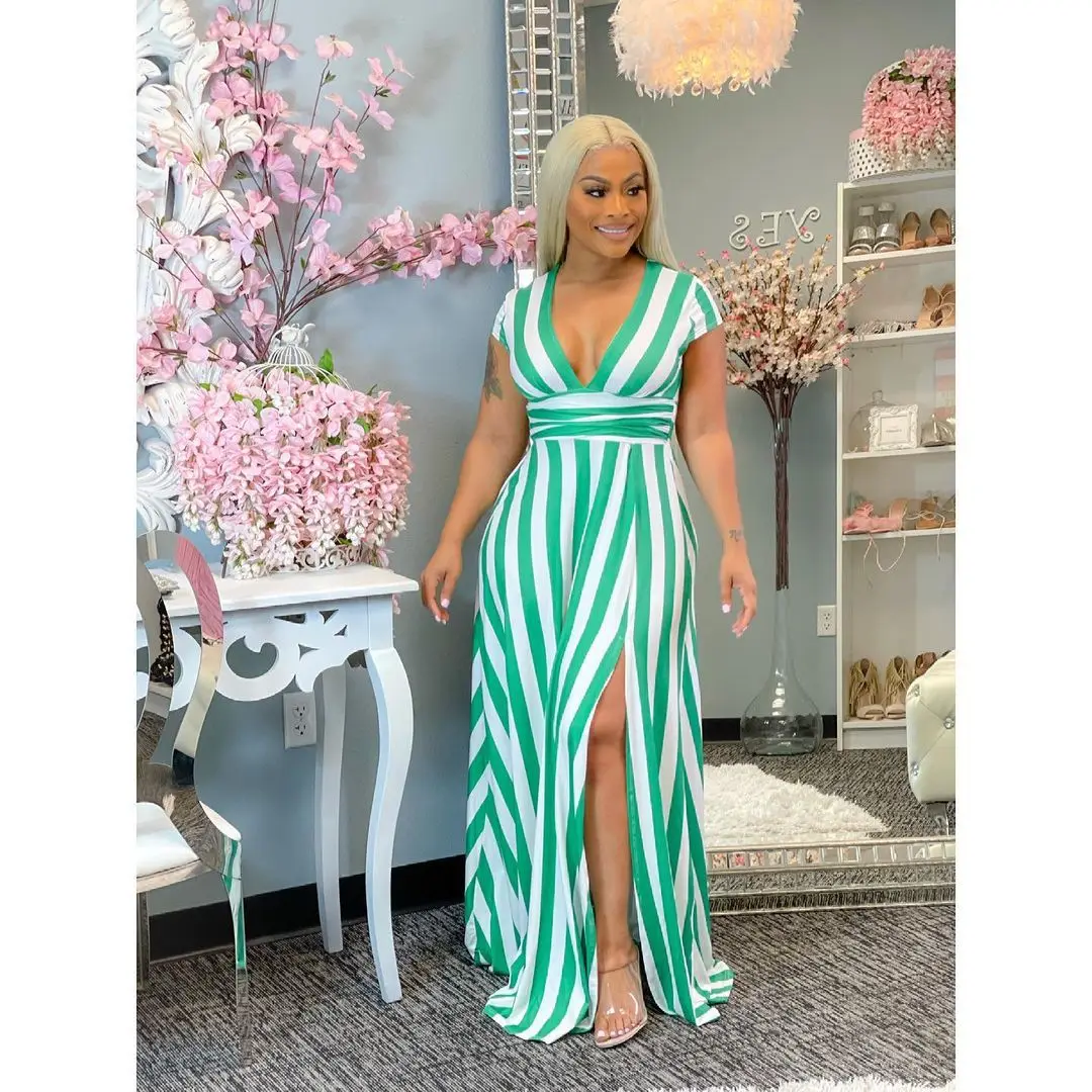

Women Striped Long Dress Summer Plus Size Sexy V-neck Stripe Printed Split Dress Women