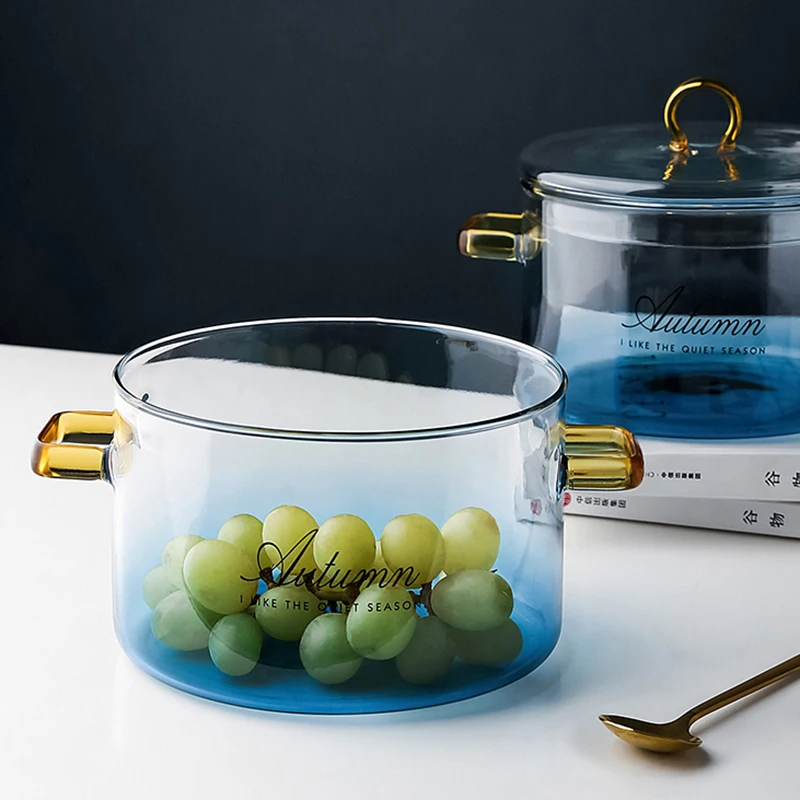 Стеклянная кастрюля RHE градиентного цвета синяя с крышкой термостойкая