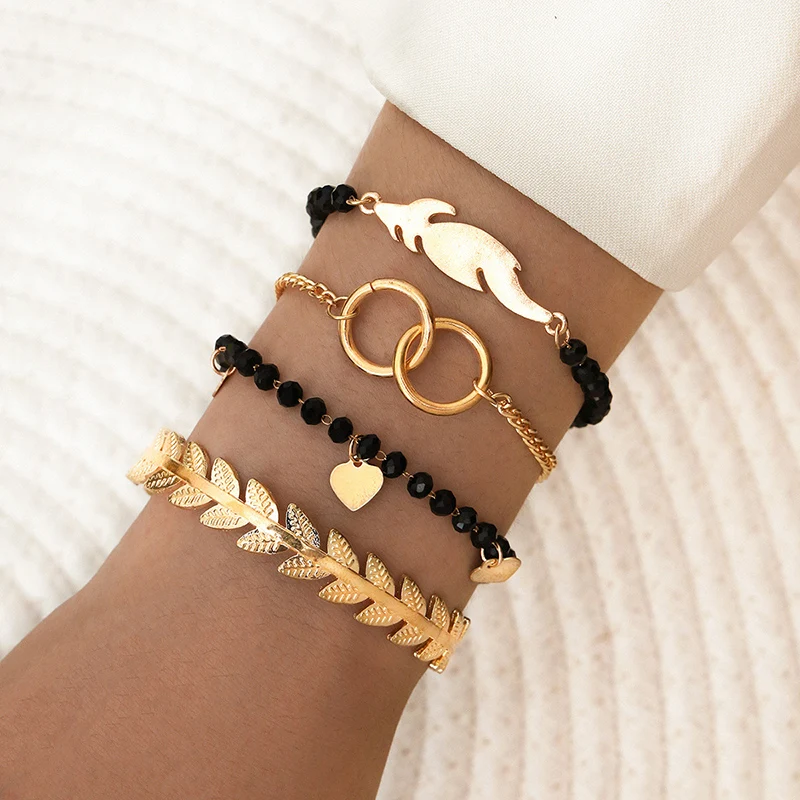 

4Pcs/set Gold Color Bohemian Bracelet Set For Women Tassels Leaves Heart Beads Chains Bangle Boho Jewelry For Hand Decoration