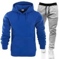 fleece 2 piece set men winter soild color hooded sweatshirt fashion drawstring hoodie sports bodybuild suit streetwear men cloth