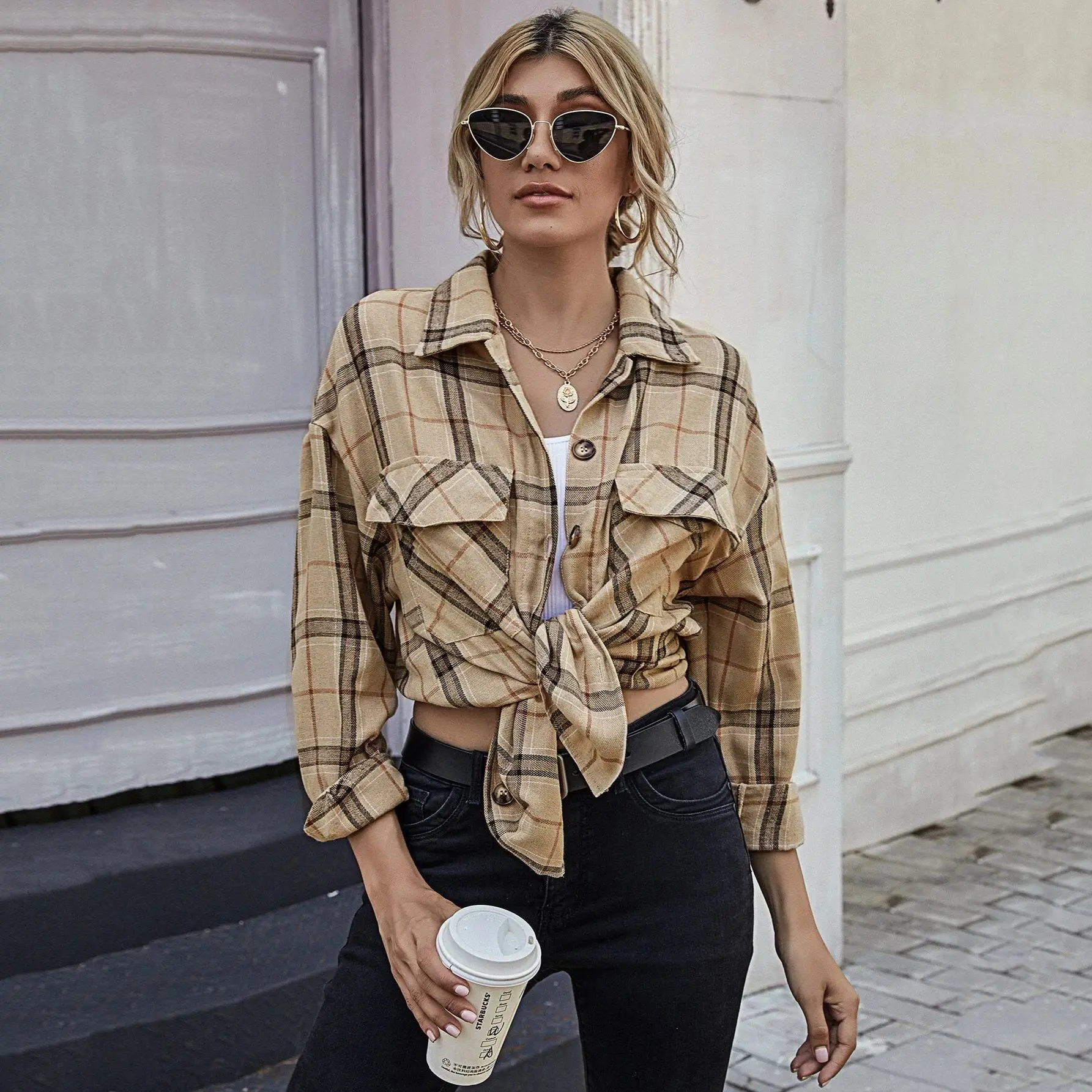 

Женская куртка, рубашка с длинным рукавом, клетчатая куртка, повседневная женская жакет на пуговицах, осень-весна, пальто