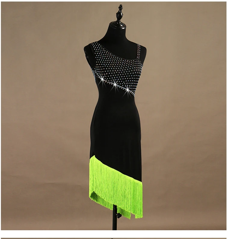 Стразы платье для латиноамериканских танцев Женская юбка с зеленой бахромой