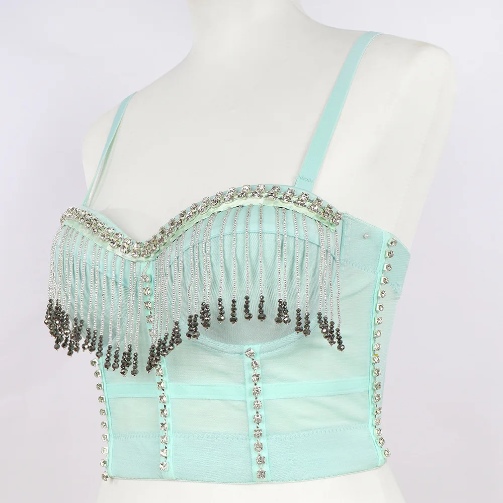 A1007 Dance Tassel Costume Nightclub Hot Girl Fishbone Catwalk Camisole Plain Body Bustier Corset Bra Crop Tops | Женская одежда
