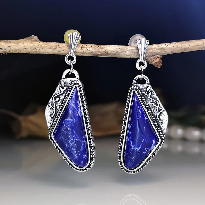 

Retro Dark Blue Striped Stone Drop Earrings Ancient Silver Color Carved Half Fan-shaped Leaves Dangle Earrings Boho Jewelry