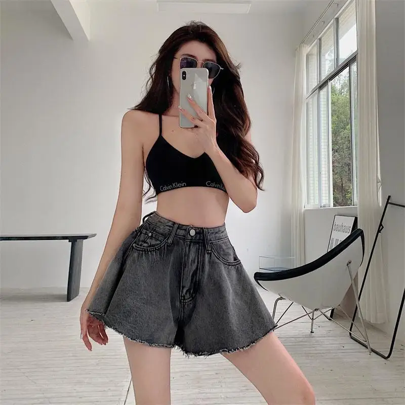 

2021 summer new sweet warning Slim high waist A word wide leg casual all-match denim big swing skirt pants hot pants