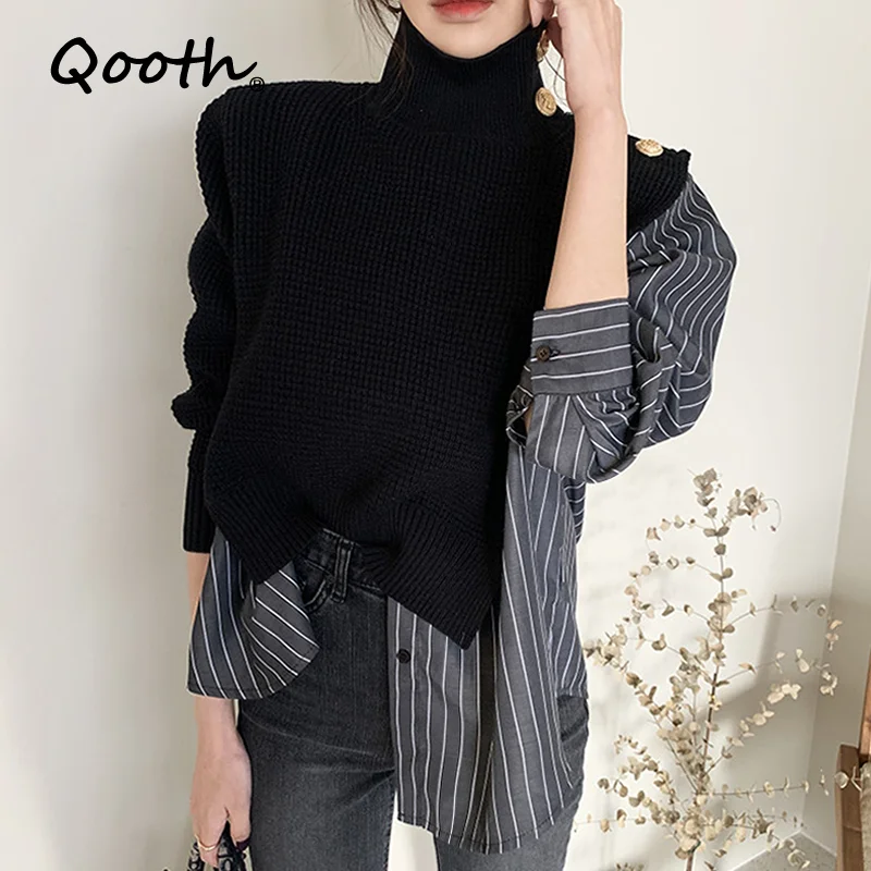 

Женская блузка с высоким воротником Qooth, Повседневные свитера, корейские модные шикарные топы на пуговицах, женская рубашка, блузки в улично...
